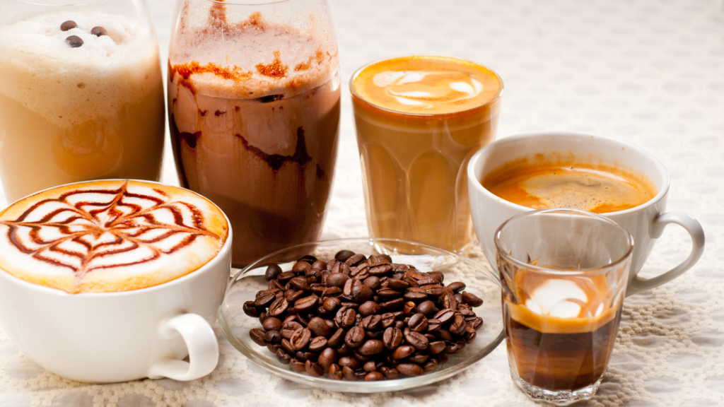 A range of different types of coffee including a latte